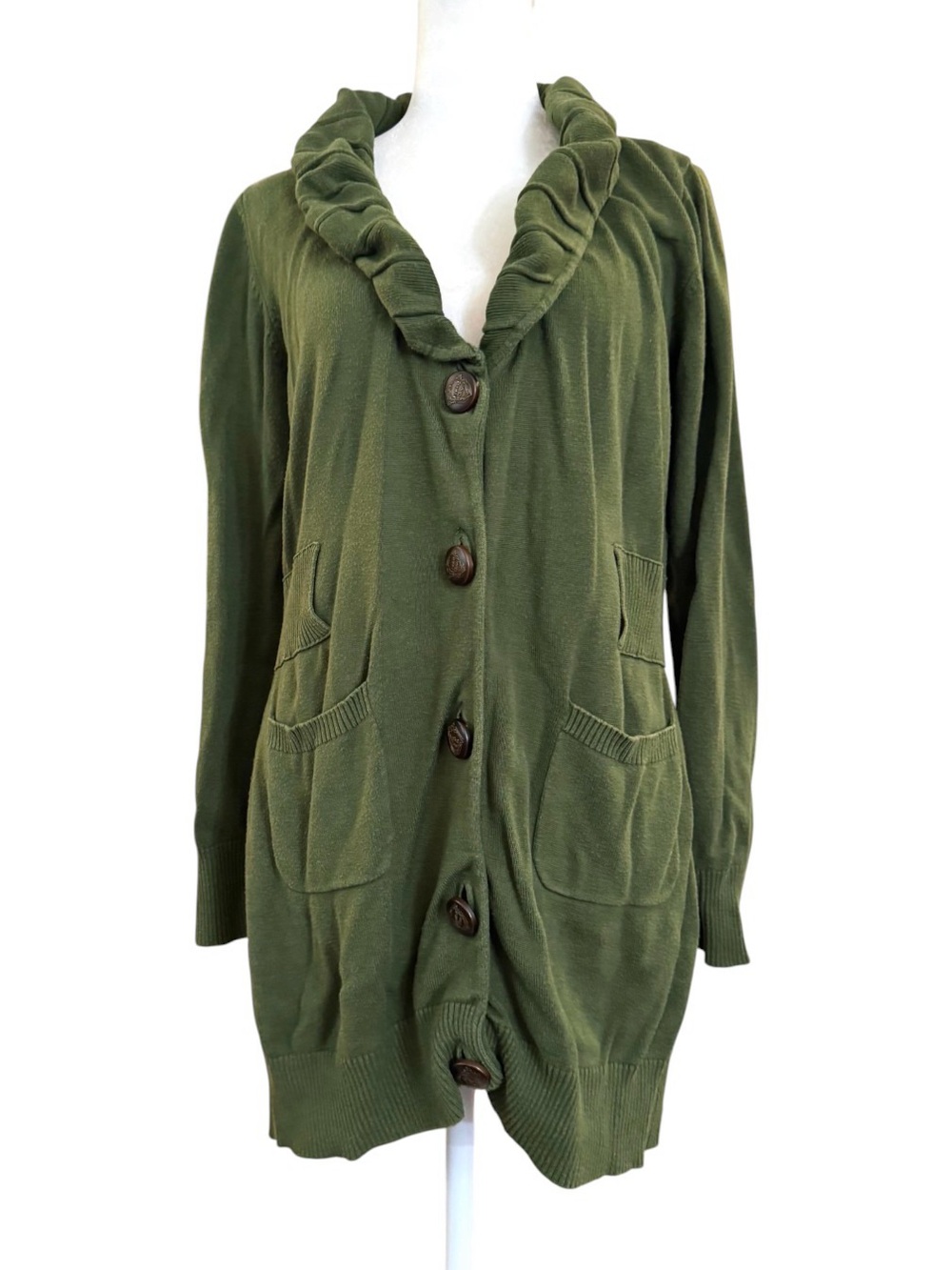 KNITTED DOVE Anthropologie green shawl collar cardigan, size L